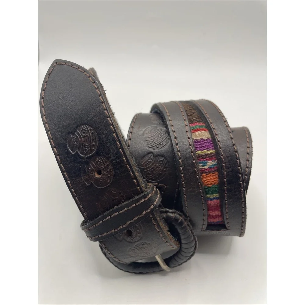 Hand tooled Leather Belt  Woven Design from Peru Hidden Zip Money Pocket Mens 38